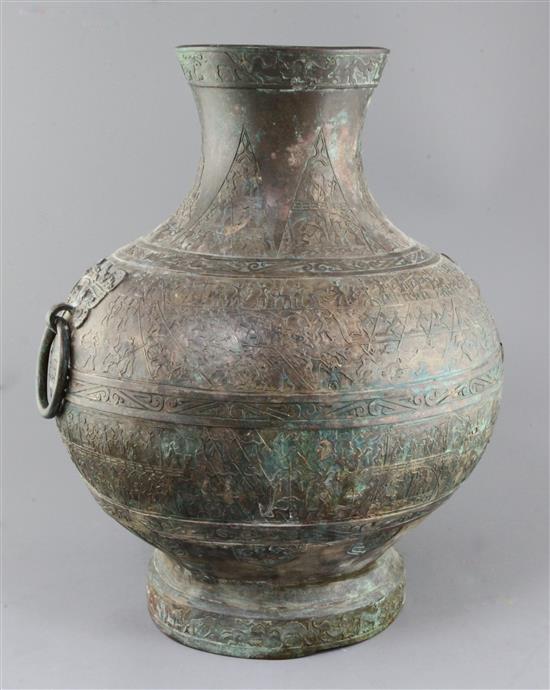 A rare and large Chinese archaic bronze ritual drinking vessel, Hu, Warring States period 5th-3rd century B.C., approx. 50cm high, repa